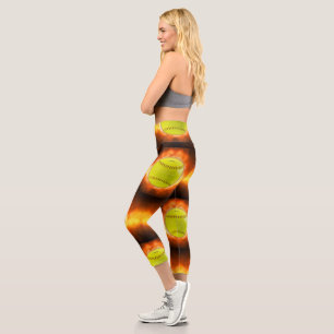 SlipperyJoe's yellow softball fireball flames rasp Capri Leggings