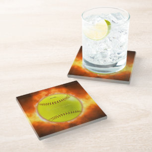 SlipperyJoe's yellow softball fireball flames rasp Glass Coaster