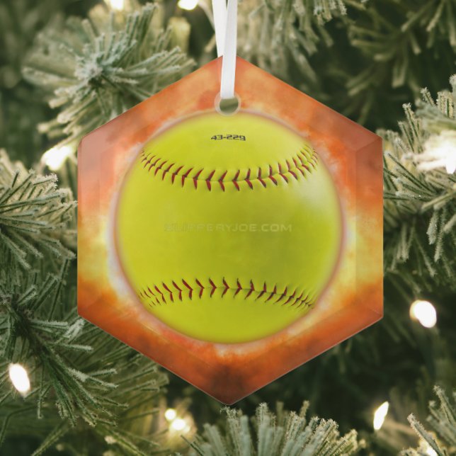 SlipperyJoe's yellow softball fireball flames rasp Glass Tree Decoration (Insitu)