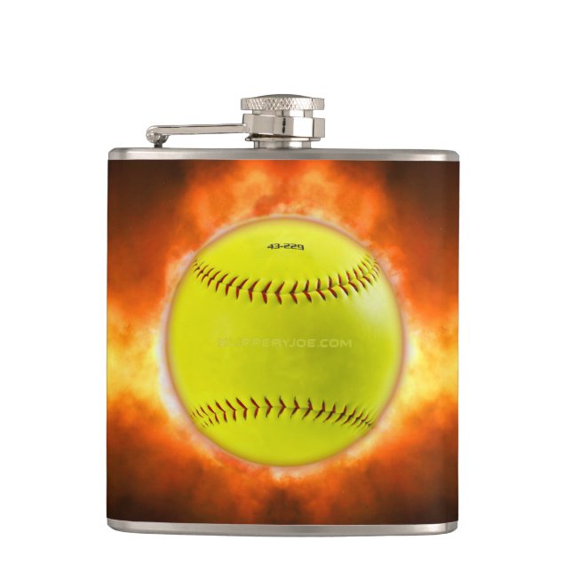 SlipperyJoe's yellow softball fireball flames rasp Hip Flask (Front)