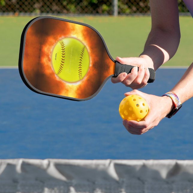 SlipperyJoe's yellow softball fireball flames rasp Pickleball Paddle (Insitu)