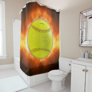 SlipperyJoe's yellow softball fireball flames rasp Shower Curtain