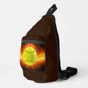 SlipperyJoe's yellow softball fireball flames rasp Sling Bag