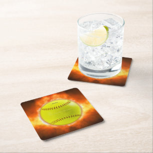 SlipperyJoe's yellow softball fireball flames rasp Square Paper Coaster