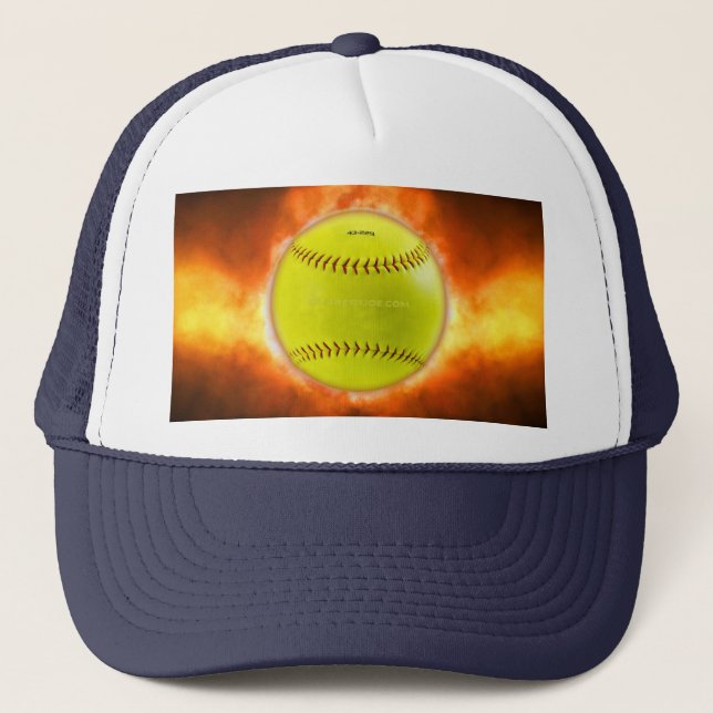 SlipperyJoe's yellow softball fireball flames rasp Trucker Hat (Front)