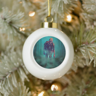 SlipperyJoe's zombie woods Halloween misty trees b Ceramic Ball Christmas Ornament