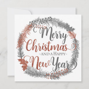 Sliver and Copper Christmas Wreath Flat Christmas Holiday Card