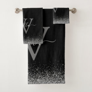 Sliver Black Glitter Elegant Script Name Bath Towel Set