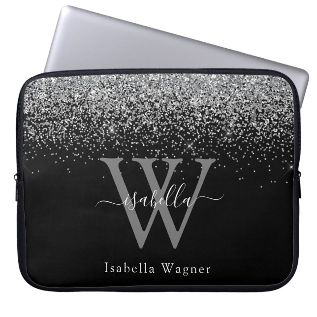Sliver Black Glitter Elegant Script Name Laptop Sleeve (Front)