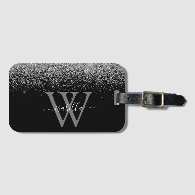 Sliver Black Glitter Name Luggage Tag (Front Horizontal)