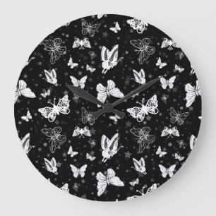 Sliver Glitter Butterfly Black Design Large Clock