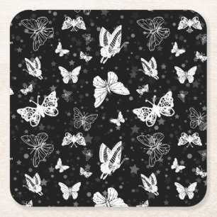 Sliver Glitter Butterfly Black Design  Square Paper Coaster