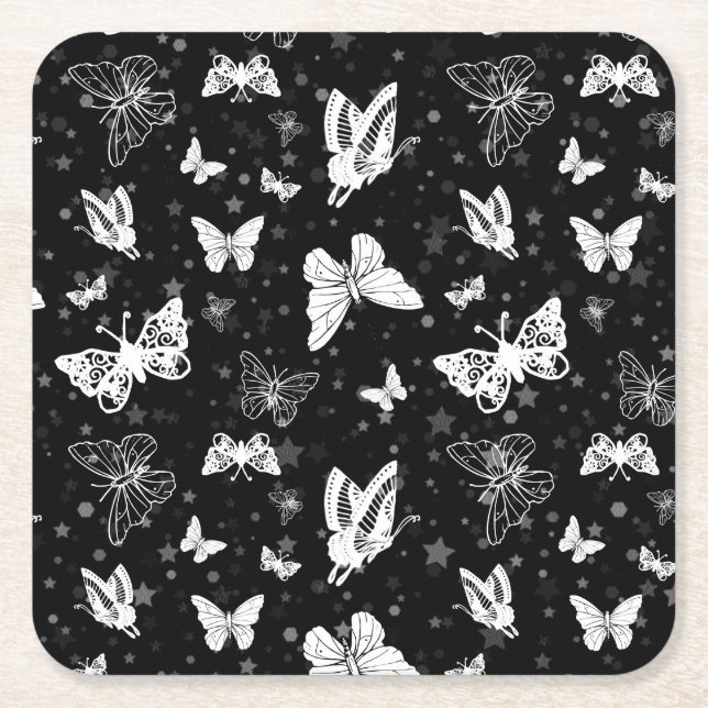 Sliver Glitter Butterfly Black Design  Square Paper Coaster (Front)