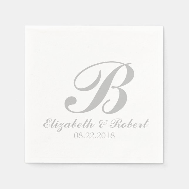 Sliver Grey White Wedding Monogram Napkin (Front)