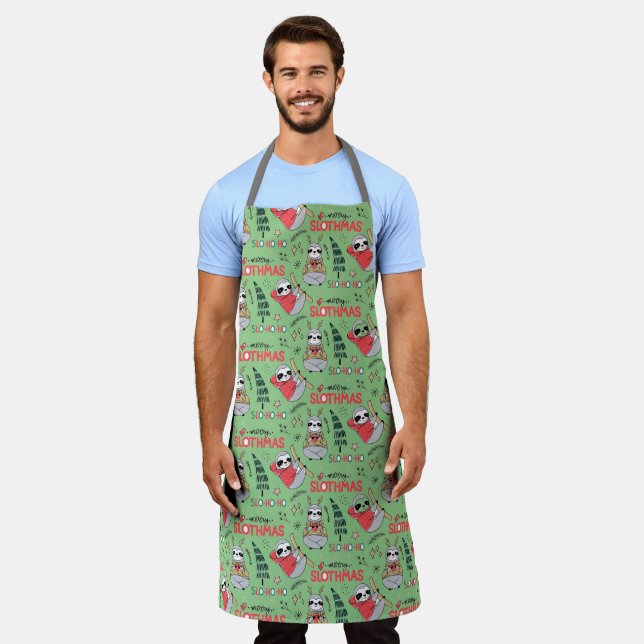 Slo Ho Ho Merry Slothmas Funny Christmas Chef Apron (Worn)