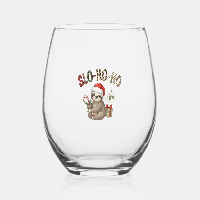 Slo Ho Ho Xmas Sloth Stemless Wine Glass (Front)