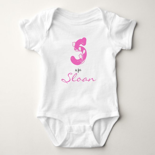 Sloan name Reveal Floral Letter S Pink Flower Baby Bodysuit (Front)