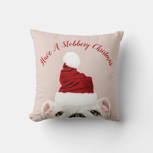 Slobbery Bulldog Christmas Dog with Santa Hat Cushion (Front)
