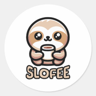 Slofee! Cute Coffee Drinking Sloth Pun Cartoon Classic Round Sticker