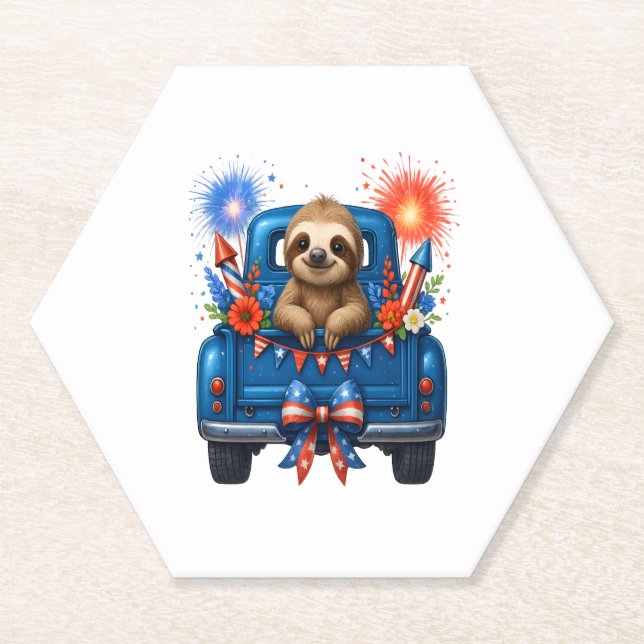 Sloth 4th of July Usa Paper Coaster (Front)