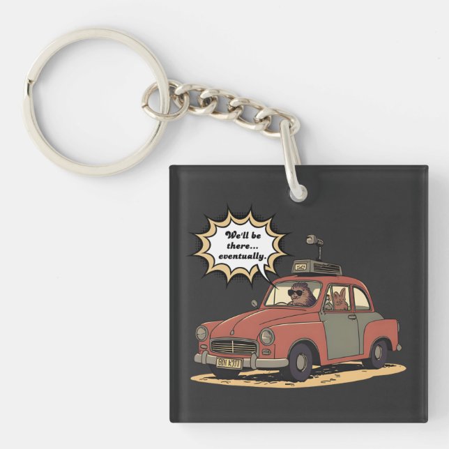 Sloth and Bunny Cartoon Road Trip Adventure Key Ring (Front)