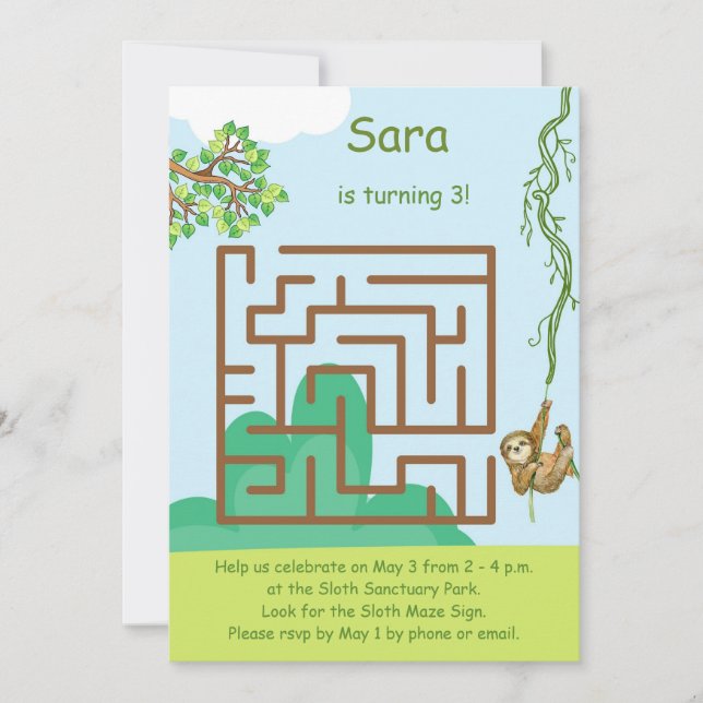 Sloth and leaves, maze puzzle birthday invitations (Front)