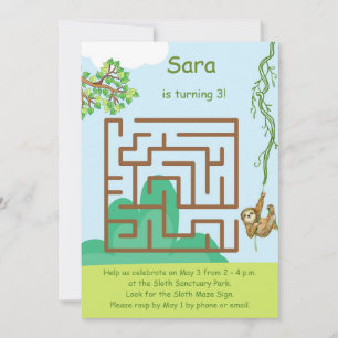 Sloth and leaves, maze puzzle birthday invitations