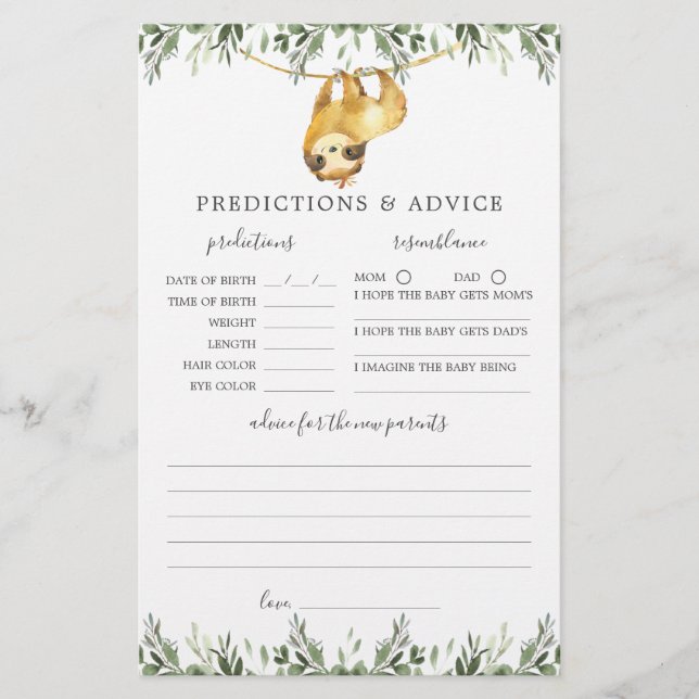 Sloth Animals Baby Shower Predictions and Advice (Front)