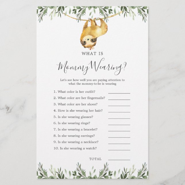 Sloth Animals Baby Shower What is Mummy Wearing (Front)