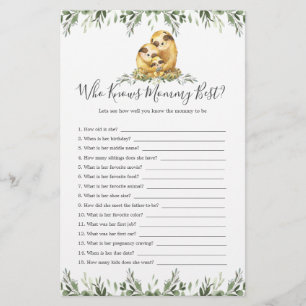 Sloth Animals Baby Shower Who Knows Mummy Best
