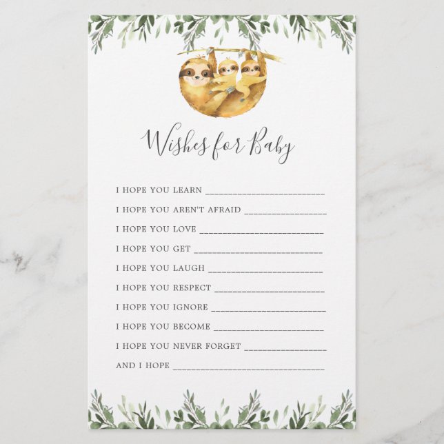 Sloth Animals Baby Shower Wishes For Baby (Front)