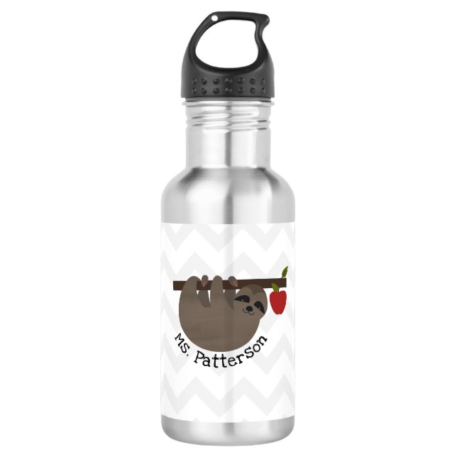 Sloth Apple Tree Chevron Personalised Teacher 710 Ml Water Bottle (Front)