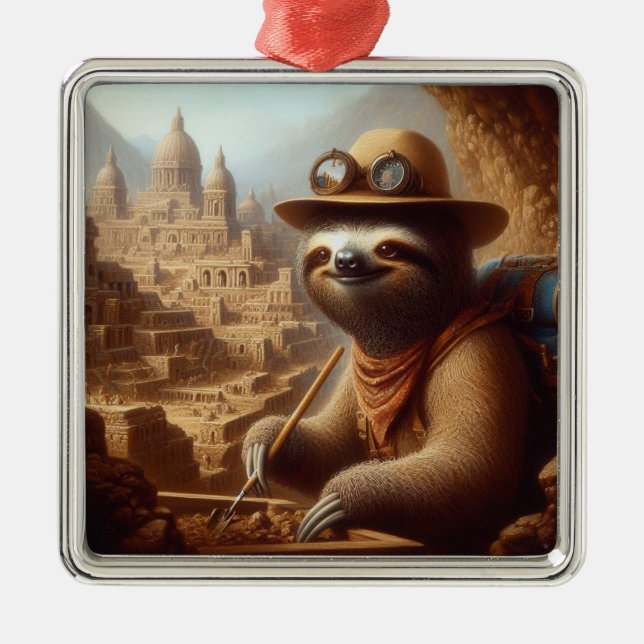 Sloth Archaeologist Metal Ornament (Front)