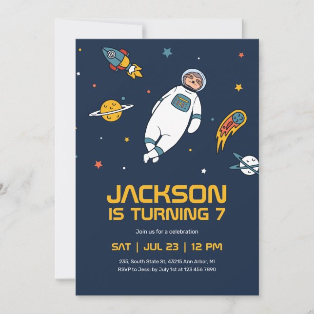 Sloth Astronaut Outer Space Galaxy Kids Birthday Invitation (Front)