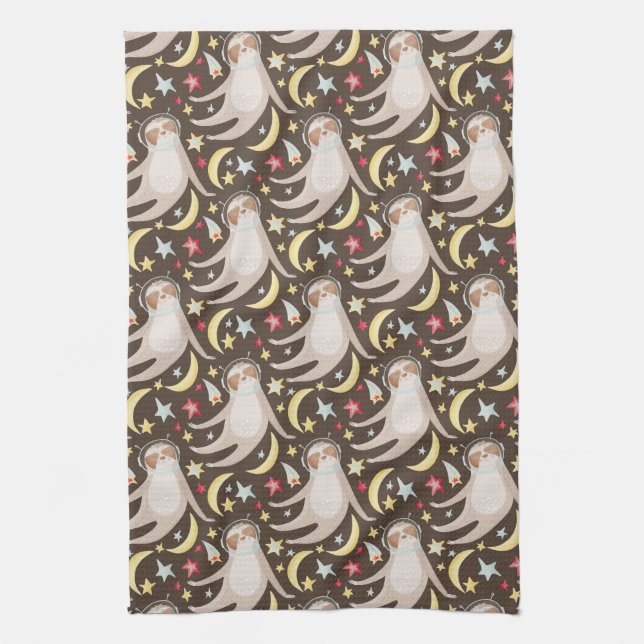 Sloth Astronaut Pattern Tea Towel (Vertical)