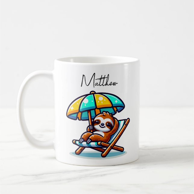 Sloth at Beach Funny Coffee Mug (Left)