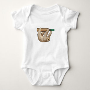 Sloth at Cricket with Cricket bat Baby Bodysuit