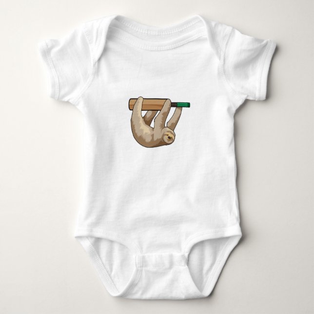 Sloth at Cricket with Cricket bat Baby Bodysuit (Front)