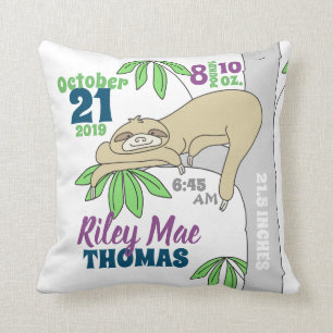 Sloth Baby Birth Stats Cushion