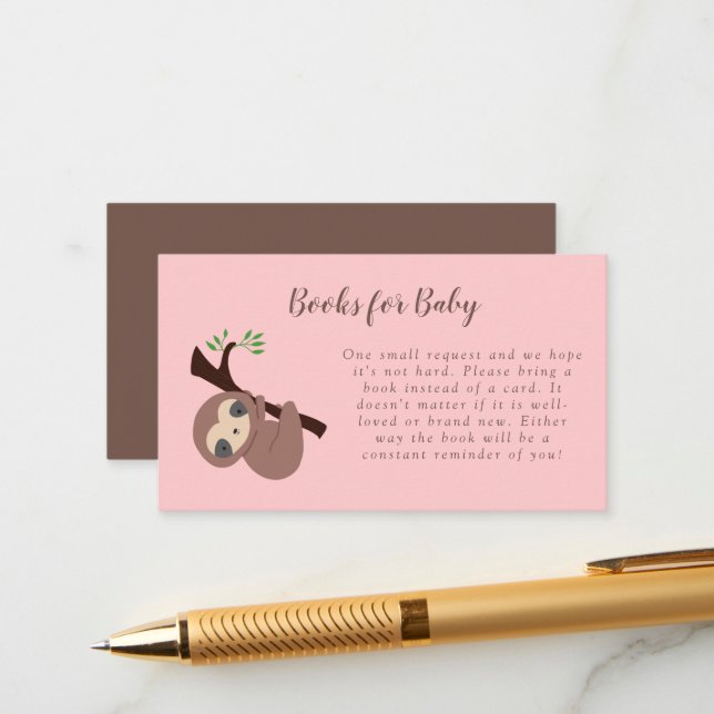 Sloth Baby Shower Book Request Card Cute Pink (Front/Back In Situ)