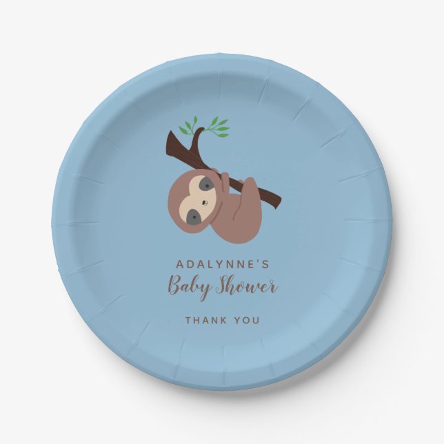 Sloth Baby Shower Boy Blue Brown Script Cute Paper Plate (Front)