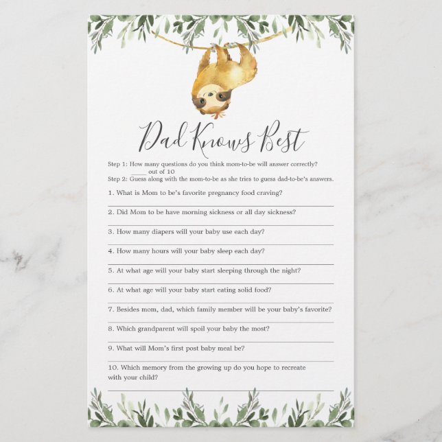 Sloth Baby Shower Dad Knows Best Game (Front)