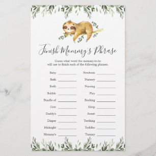 Sloth Baby Shower Finish Mummy's Phrase Game