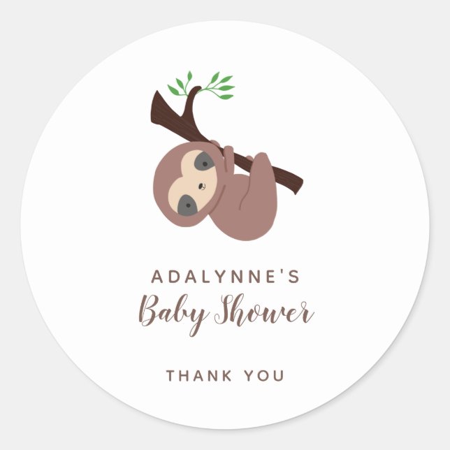 Sloth Baby Shower Gender Neutral Brown Script Cute Classic Round Sticker (Front)