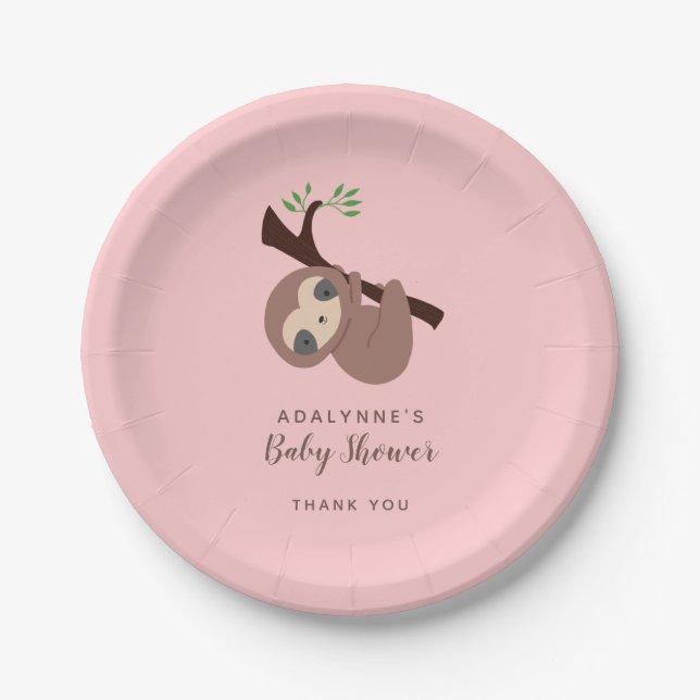 Sloth Baby Shower Girl Pink Brown Script Cute Paper Plate (Front)