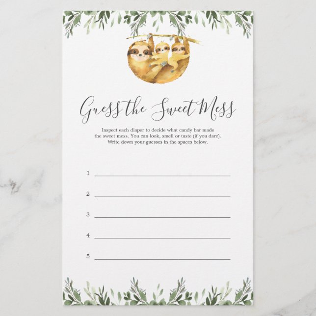 Sloth Baby Shower Guess The Sweet Mess Game (Front)