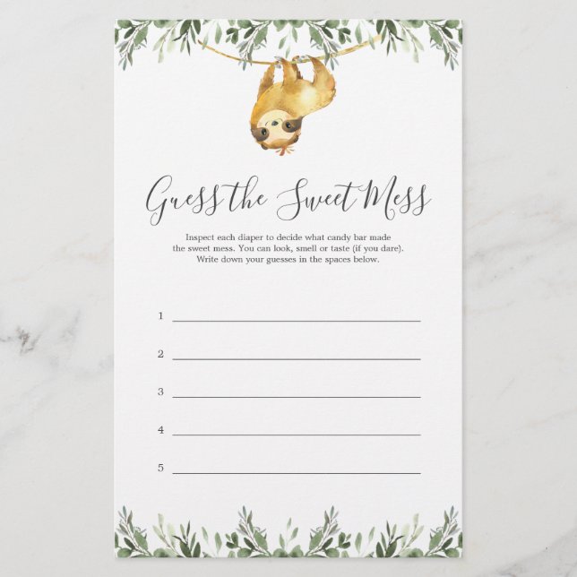 Sloth Baby Shower Guess The Sweet Mess Game (Front)