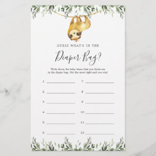Sloth Baby Shower Guess What's in the Diaper Bag