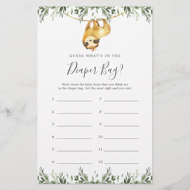 Sloth Baby Shower Guess What's in the Diaper Bag (Front)