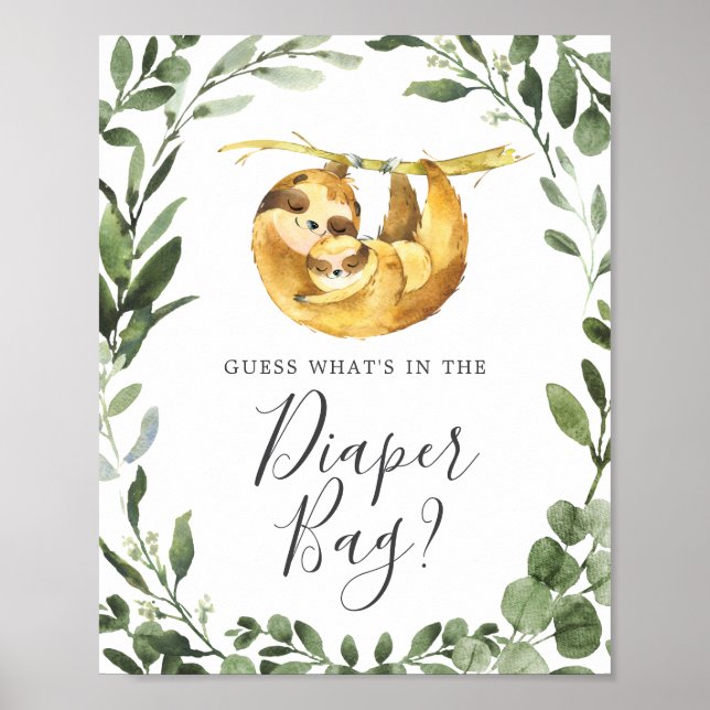 Sloth Baby Shower Guess What's in the Diaper Bag Poster (Front)